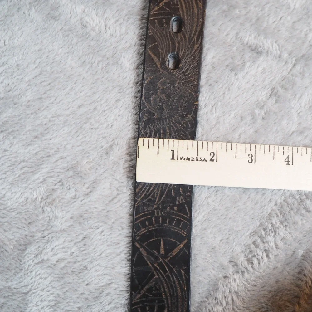Y2k Style Mens Sz 42 Tooled Leather Belt‎ Screaming Skulls Wings Compass